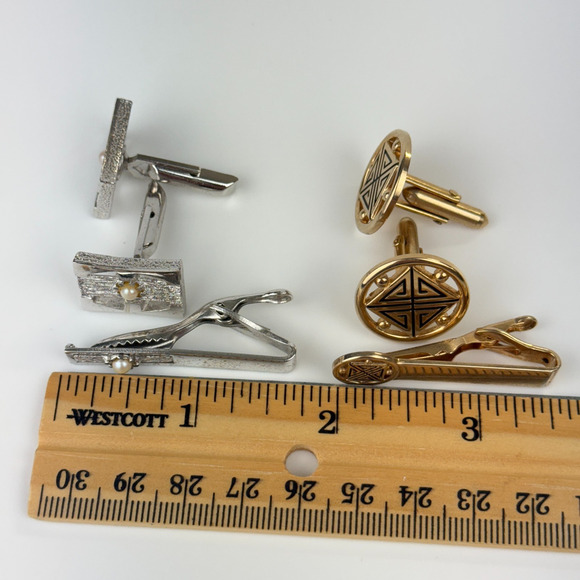 Swank Cufflinks With Matching Tie Clip 2 Sets Silver Tone Faux Pearl Gold Tone - Picture 9 of 9